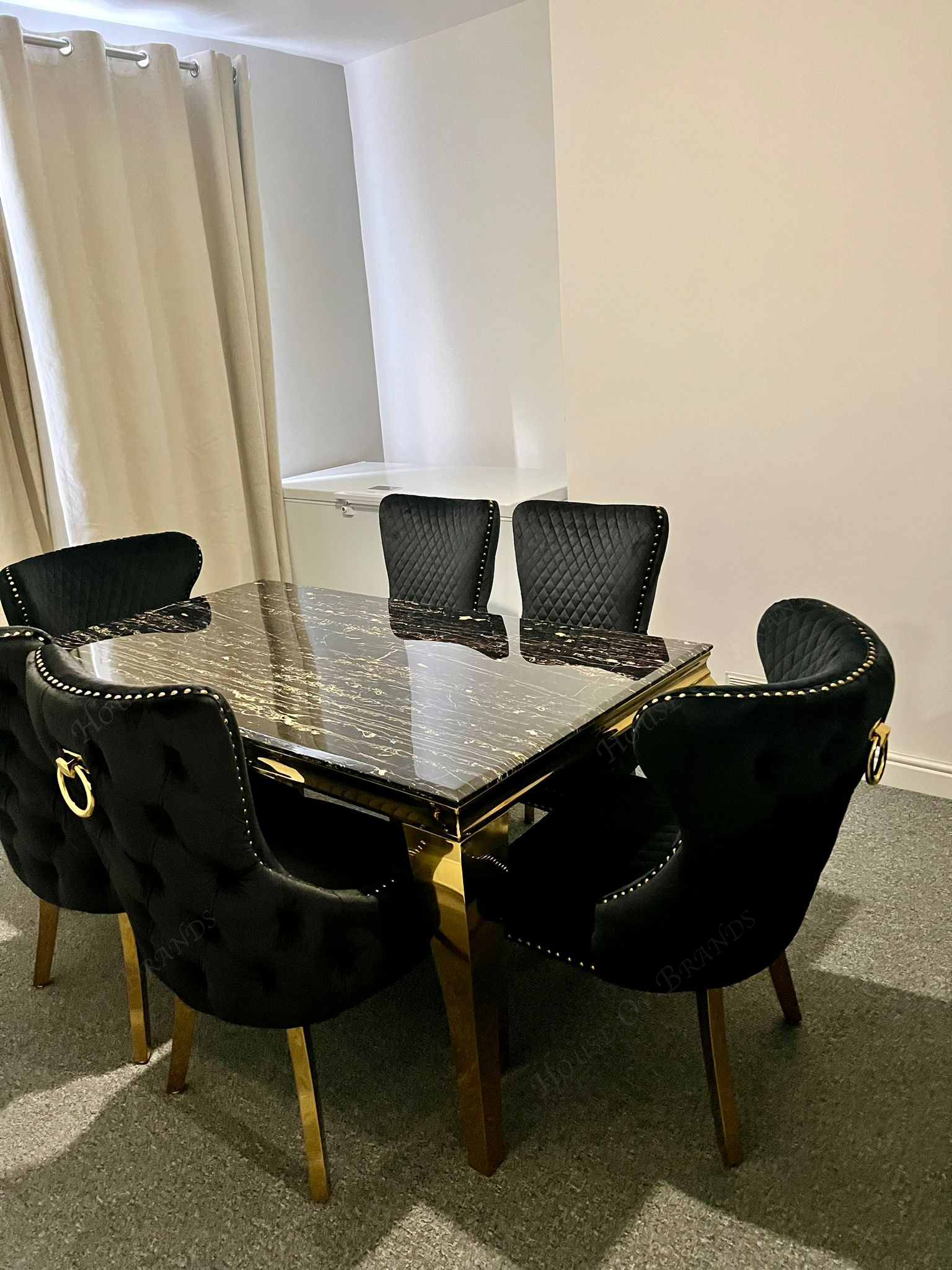 160cm Black and Gold Louis Marble Dining Table with 4 Black and Gold Victoria Chairs and 2 Black and Gold Valentino Chairs