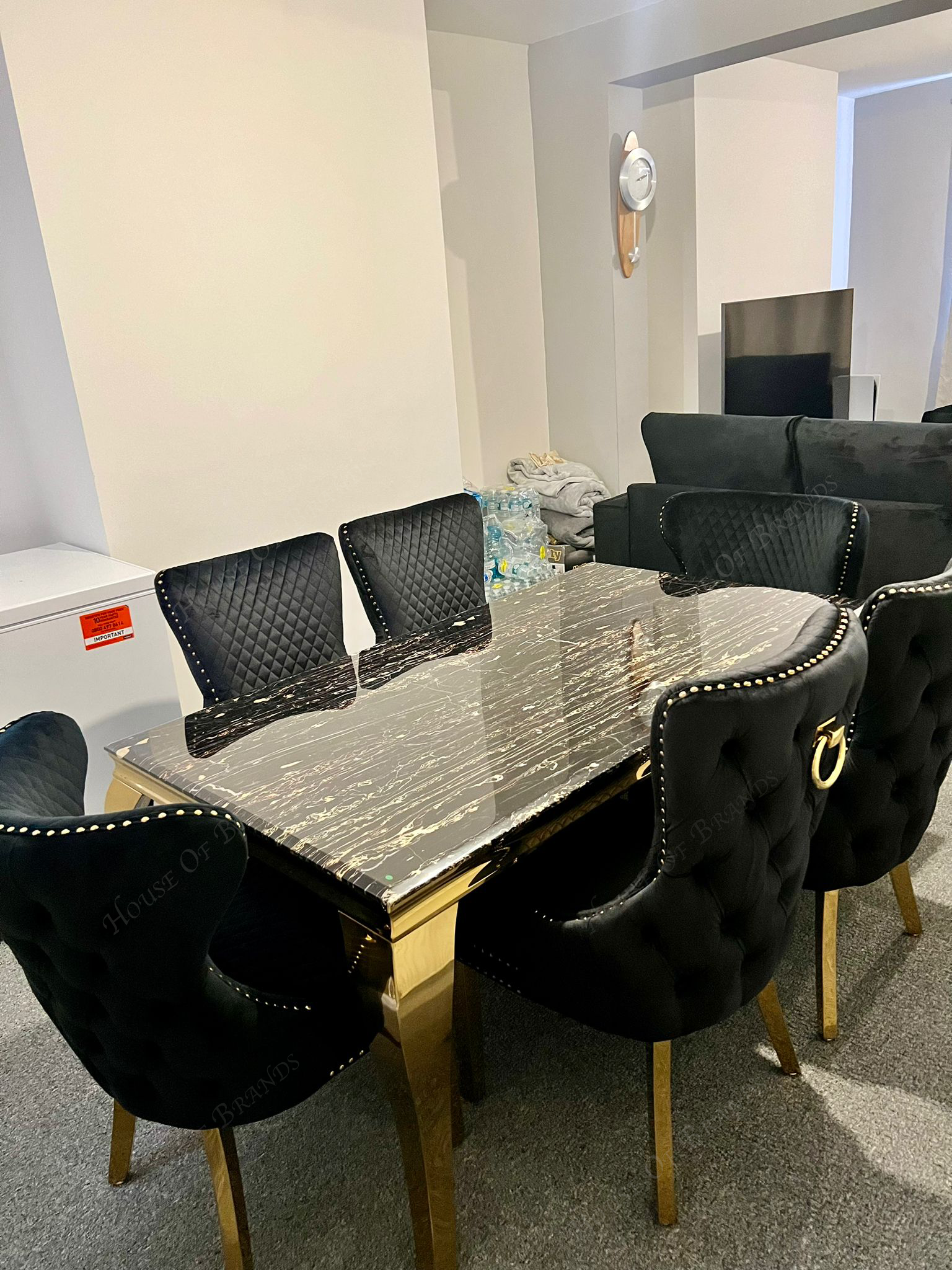 160cm Black and Gold Louis Marble Dining Table with 4 Black and Gold Victoria Chairs and 2 Black and Gold Valentino Chairs