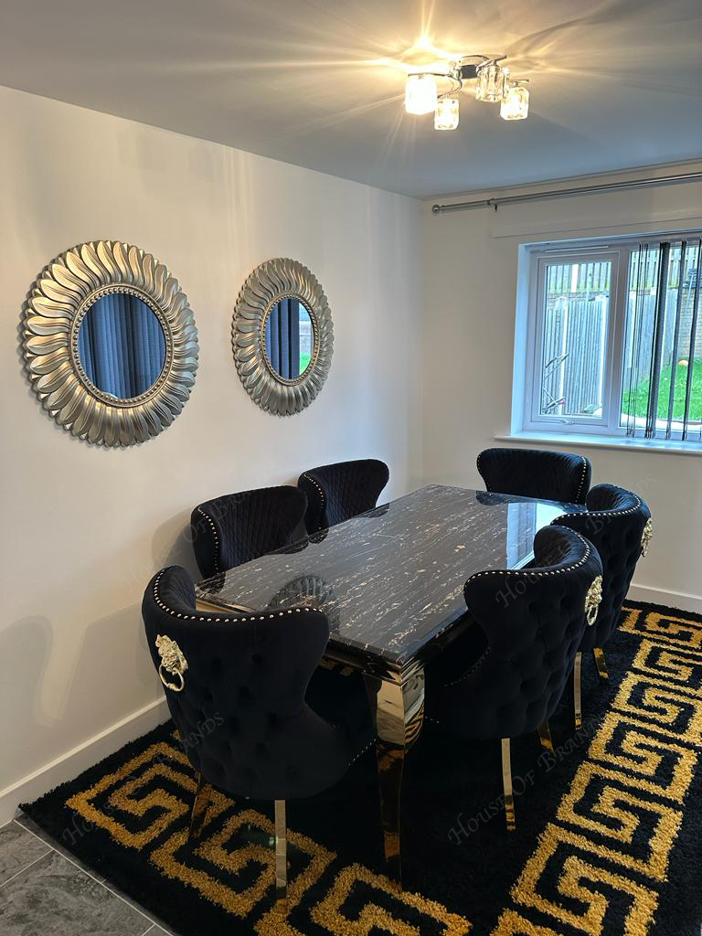 160cm Black and Gold Louis Marble Dining Table with Black and Gold Ring Knockerback Valentino Velvet Chairs
