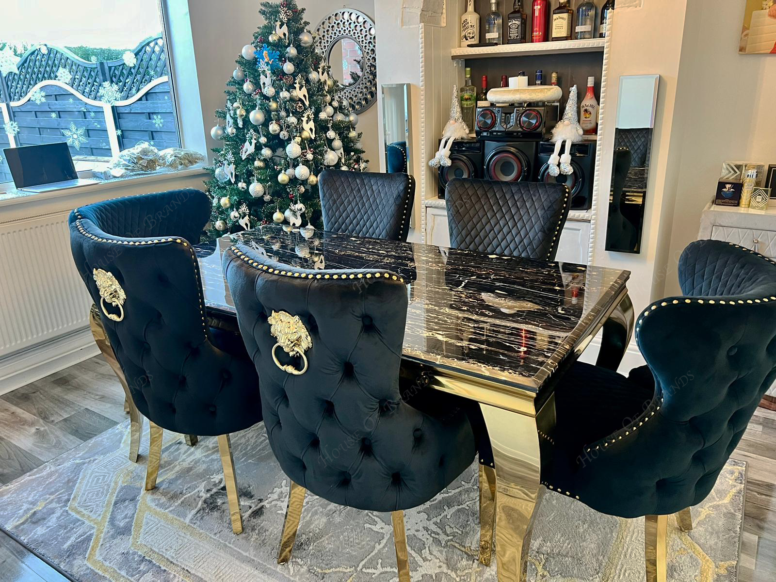 160cm Black and Gold Louis Marble Dining Table with 4 Black and Gold Victoria Chairs and 2 Black and Gold Valentino Chairs