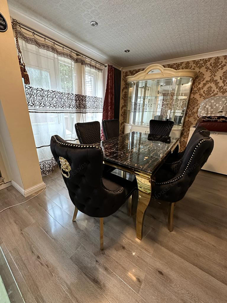 Black & Gold Louis Marble Dining Table & Black Victoria Knockerback Chairs