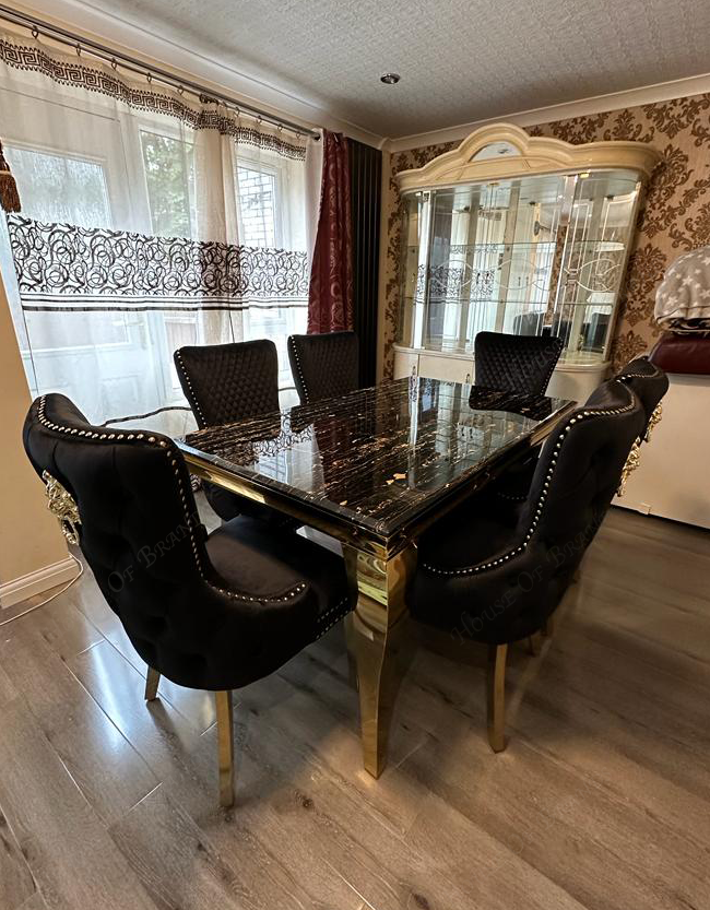 Black & Gold Louis Marble Dining Table & Black Victoria Knockerback Chairs