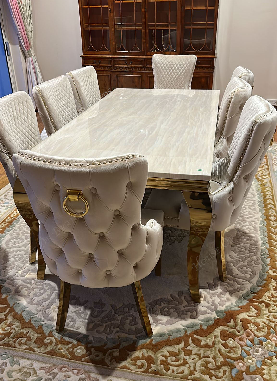 200cm Cream and Gold Louis Marble Dining Table with 8 Cream and Gold Victoria Velvet Chairs