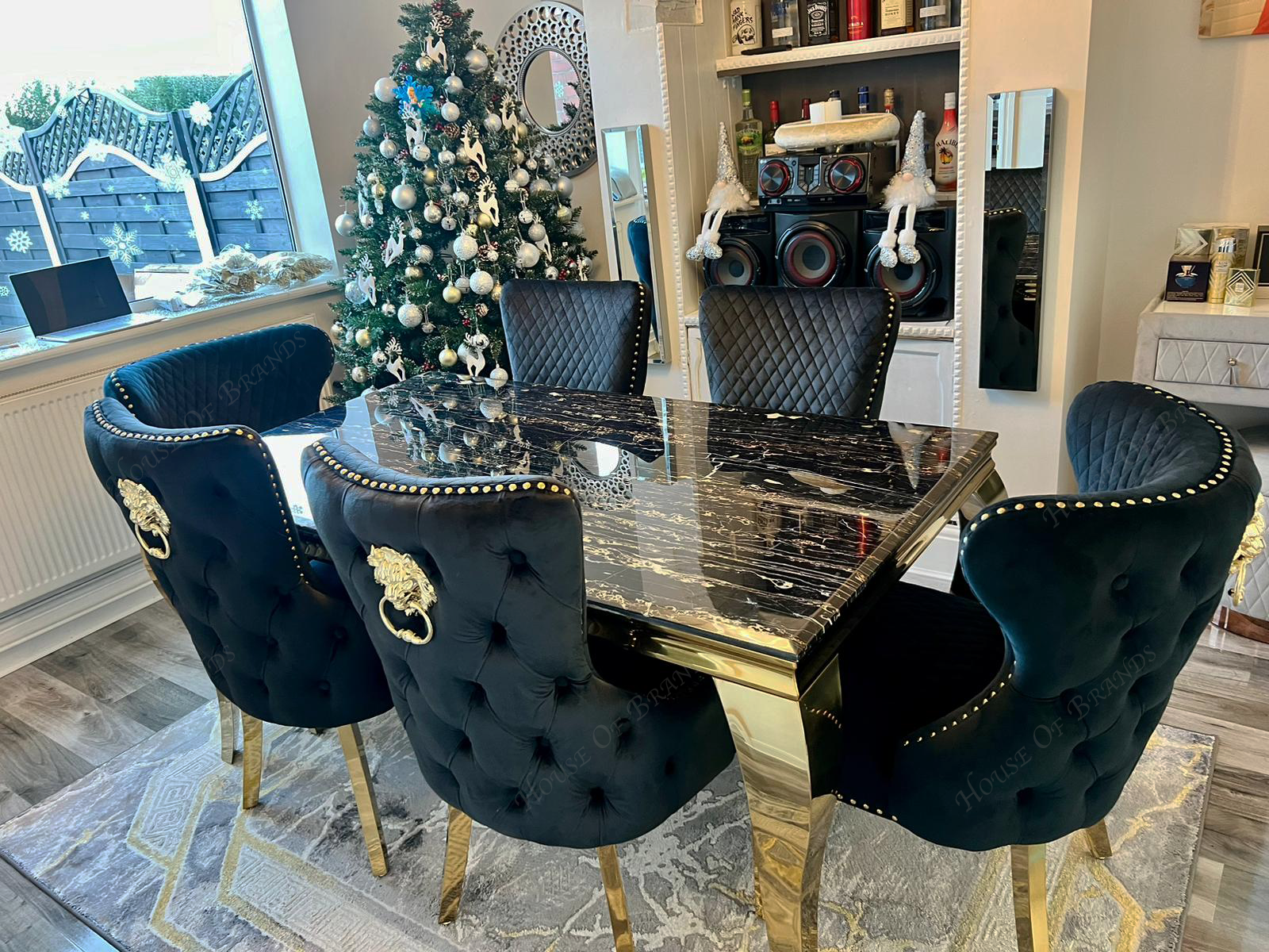 160cm Black and Gold Louis Marble Dining Table with 4 Black and Gold Victoria Chairs and 2 Black and Gold Valentino Chairs