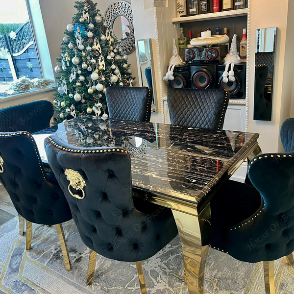 160cm Black and Gold Louis Marble Dining Table with 4 Black and Gold Victoria Chairs and 2 Black and Gold Valentino Chairs