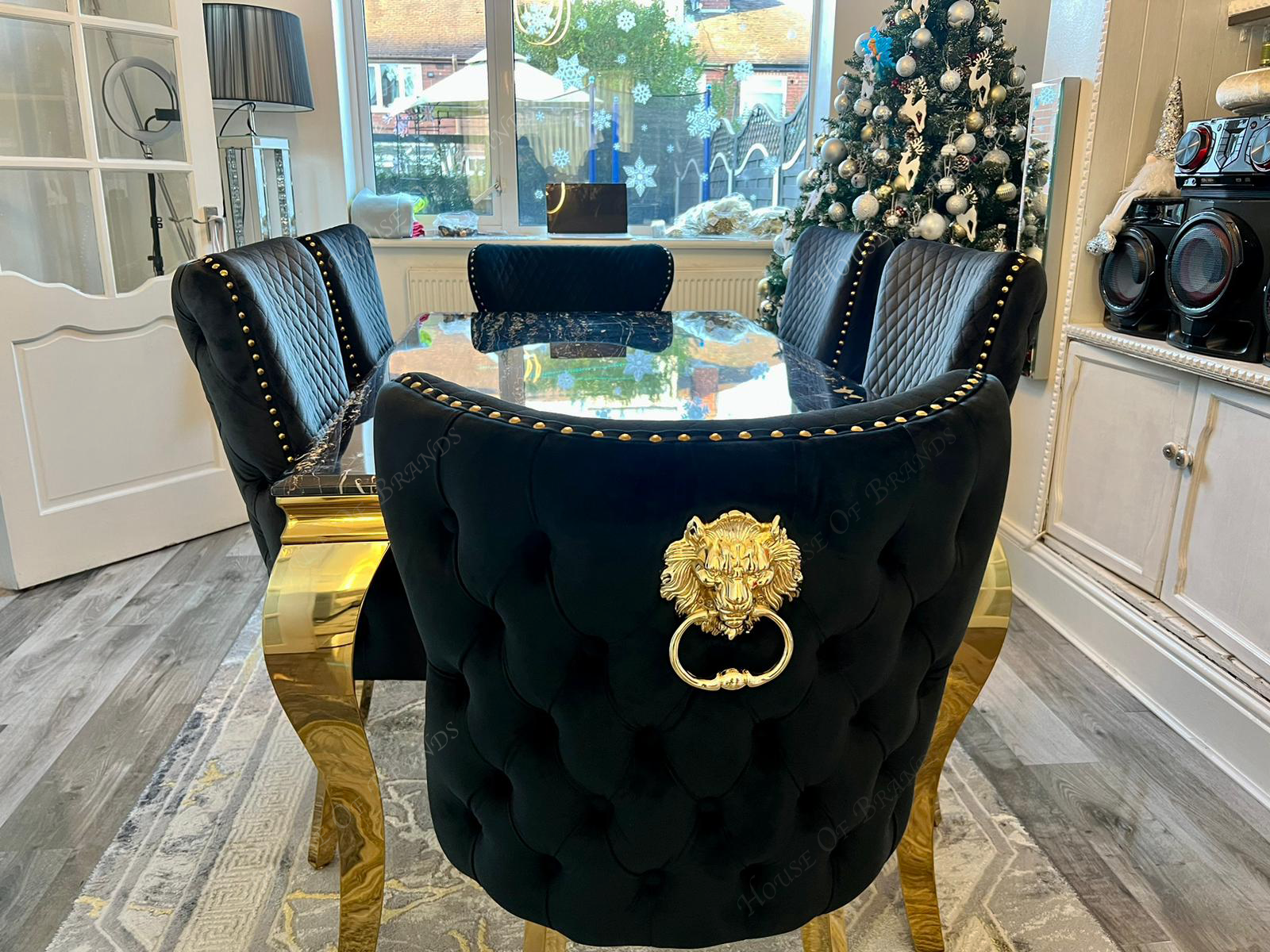 160cm Black and Gold Louis Marble Dining Table with 4 Black and Gold Victoria Chairs and 2 Black and Gold Valentino Chairs