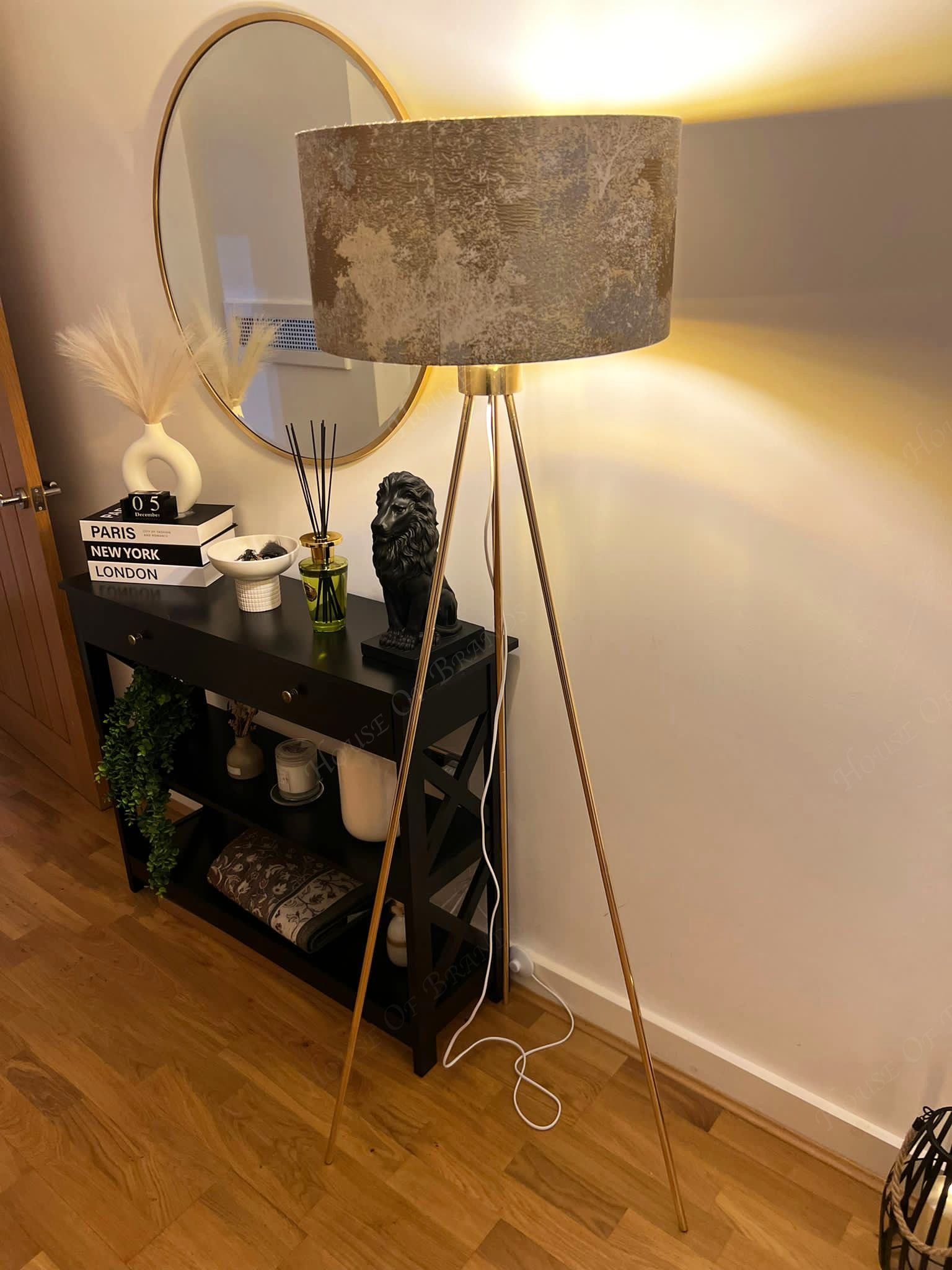 159cm Gold Tripod Floor Lamp with Ivory Linen Shade Gold Inside