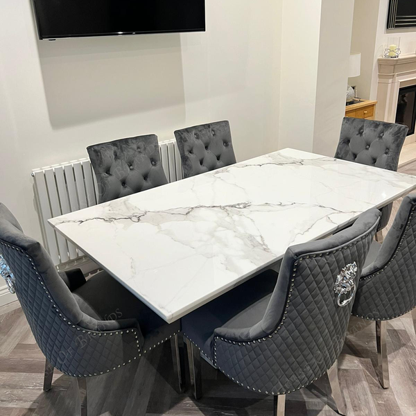 Naples White Marble Dining Table with Majestic Velvet Knockerback Dining Chairs