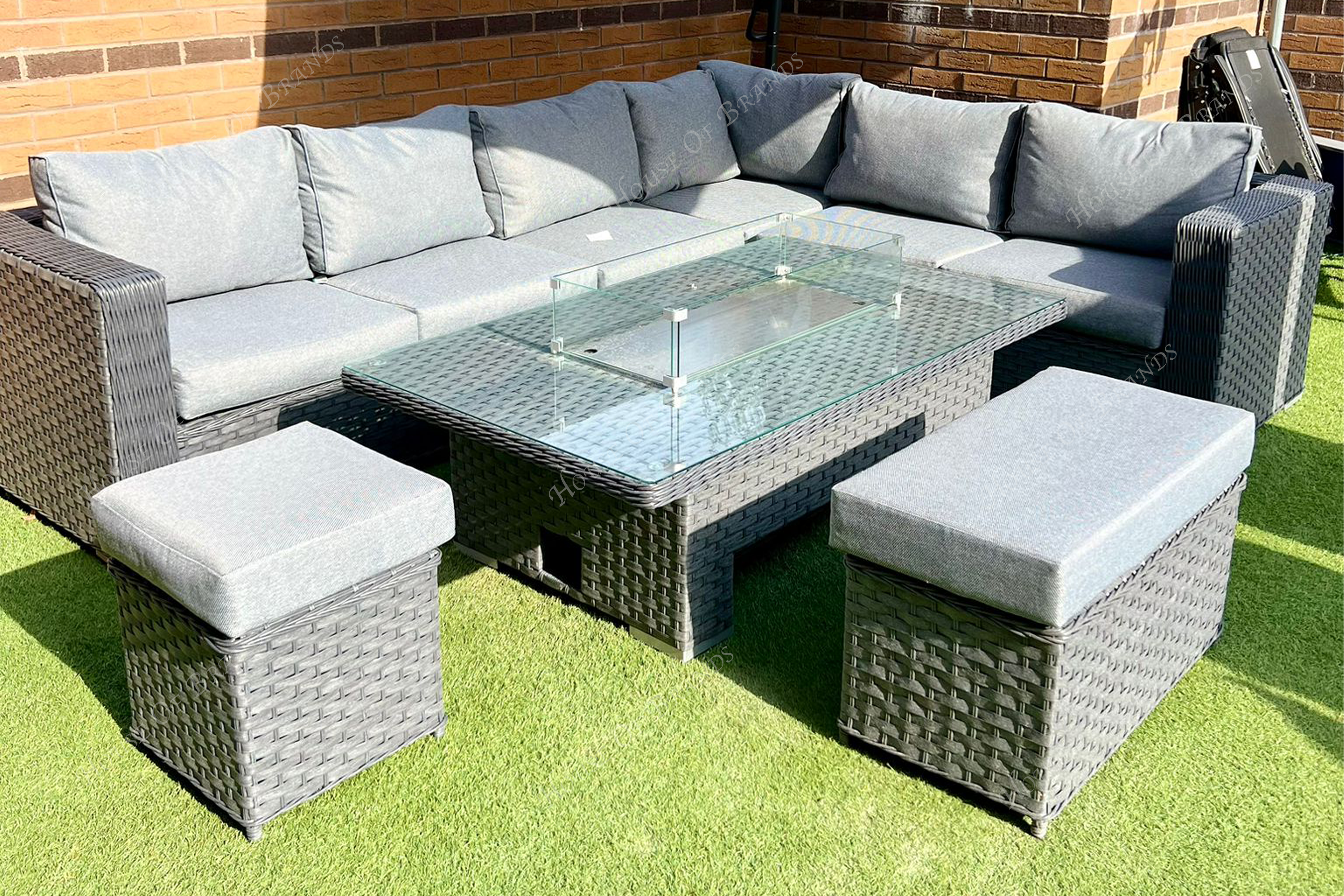 All Weather Chakra Rattan Garden Corner Rising Dining Set in Grey With Fire Pit