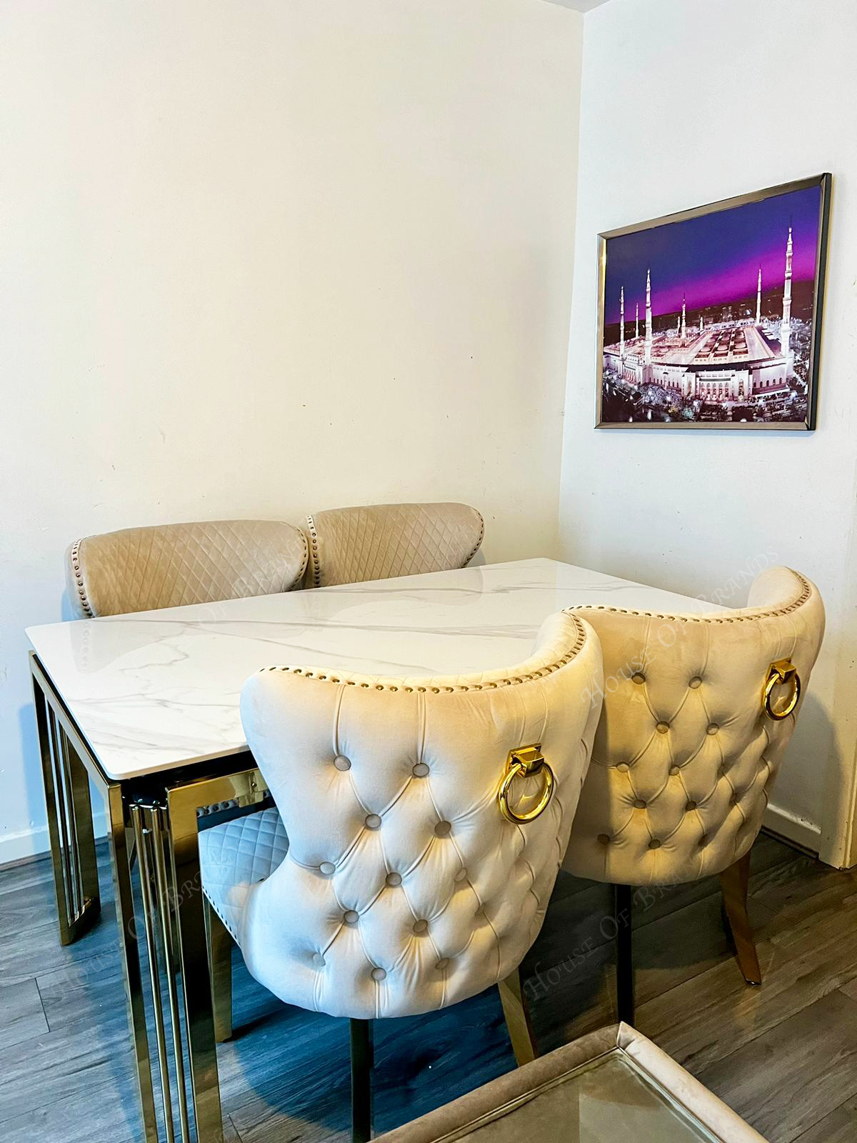 180cm Sorrento Rectangle Gold Ceramic Dining Table and Cream Valentino Gold Velvet Knockerback Dining Chairs