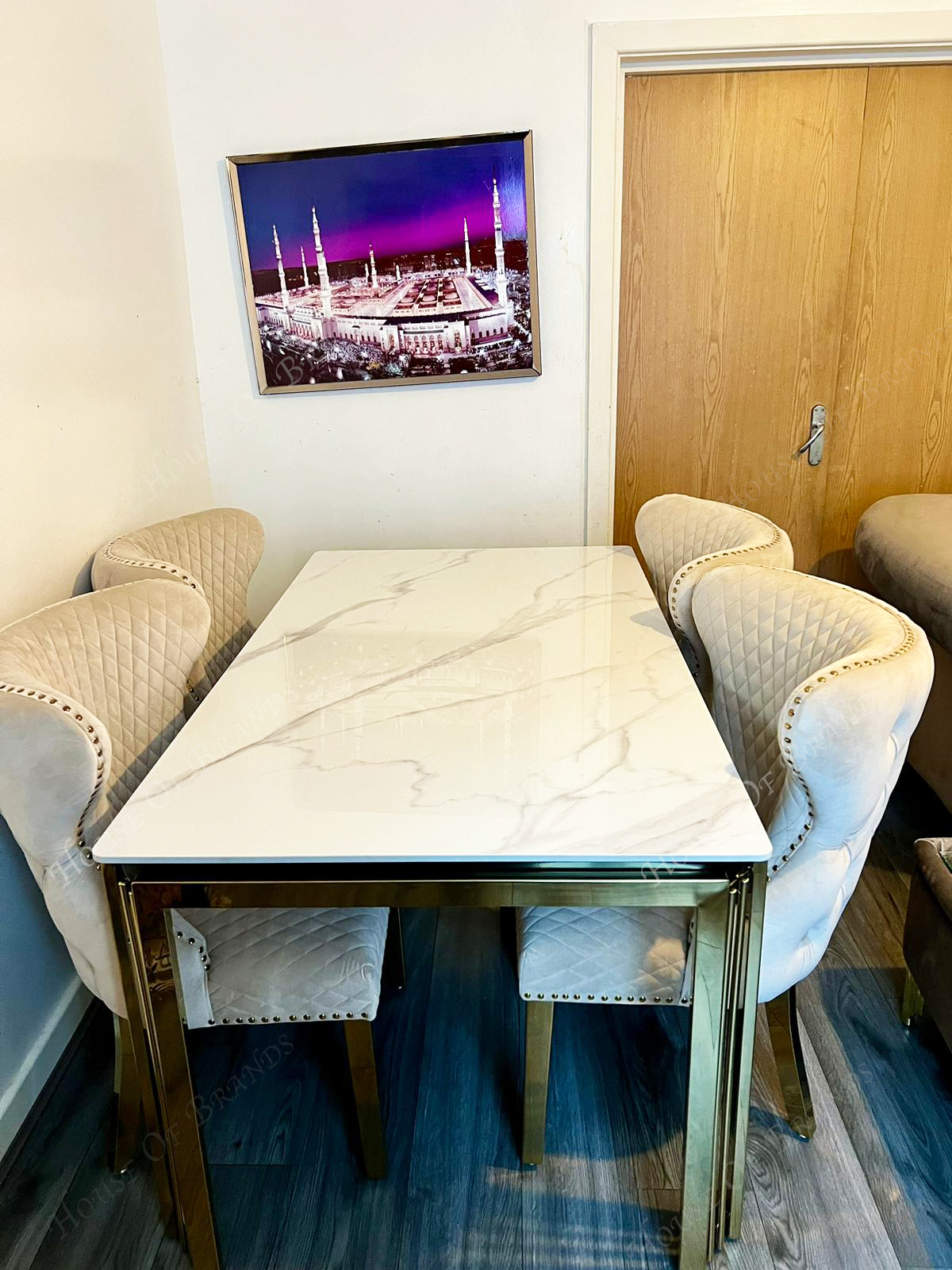 180cm Sorrento Rectangle Gold Ceramic Dining Table and Cream Valentino Gold Velvet Knockerback Dining Chairs