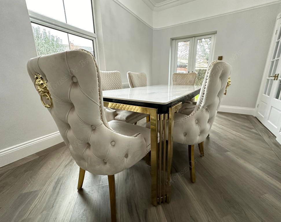 150cm Verona Gold Ceramic Dining Table Cream Vienna Gold Velvet Knoc