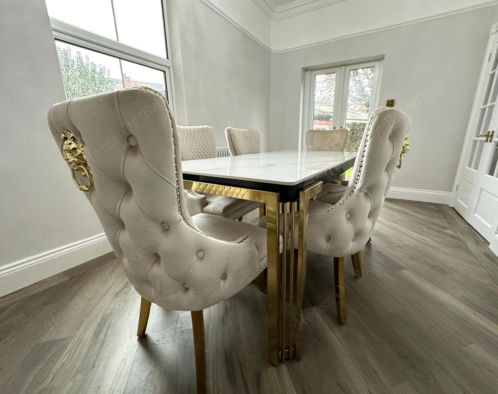 150cm Sorrento Rectangle Gold Ceramic Dining Table & Cream and Gold Victoria Gold Velvet Knockerback Chairs