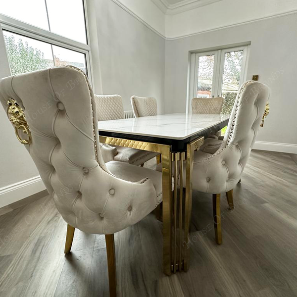 150cm Sorrento Rectangle Gold Ceramic Dining Table & Cream and Gold Victoria Gold Velvet Knockerback Chairs