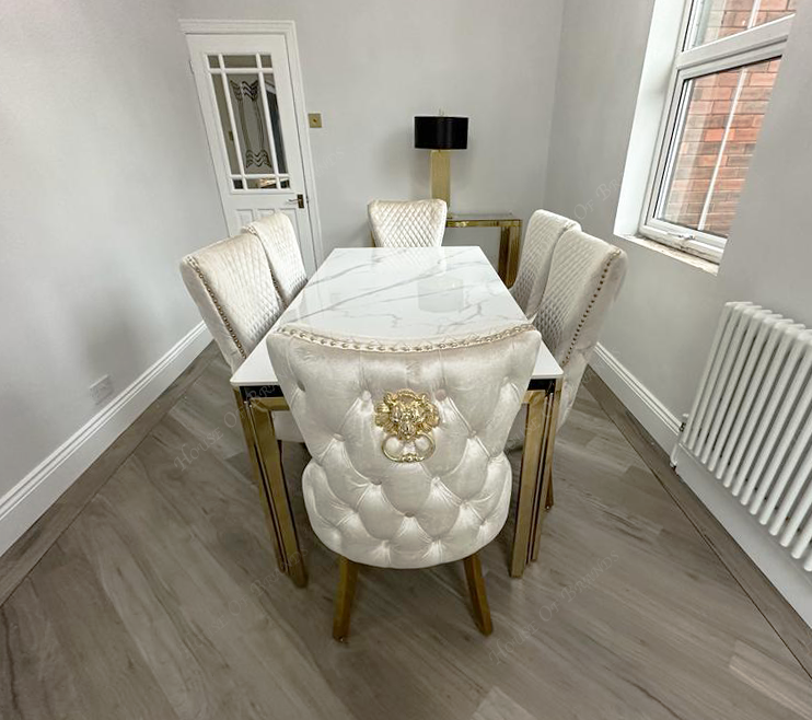 150cm Sorrento Rectangle Gold Ceramic Dining Table & Cream and Gold Victoria Gold Velvet Knockerback Chairs