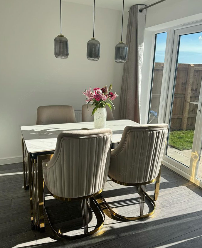 150cm Sorrento Rectangle Gold Ceramic Dining Table and Gold Chelmsford Dining Chairs