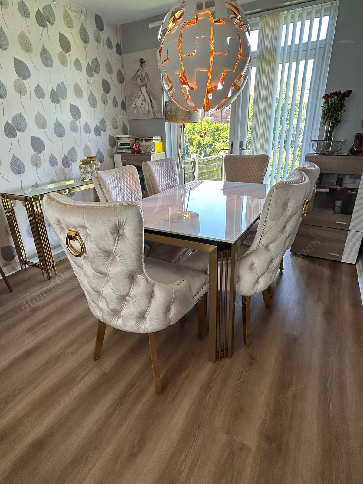 150cm Sorrento Rectangle Gold Ceramic Dining Table & Cream and Gold Victoria Gold Velvet Knockerback Chairs