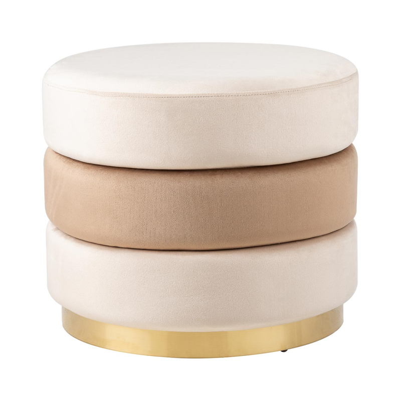 Cream & Dark Cream Round Ottoman Footstool With Gold Base