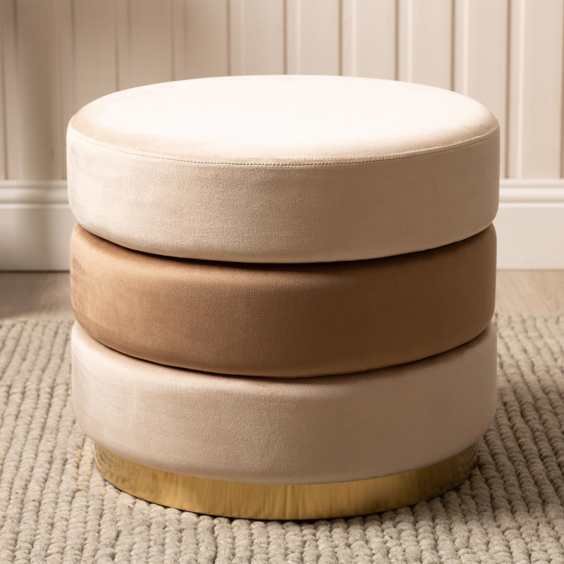 Cream & Dark Cream Round Ottoman Footstool With Gold Base