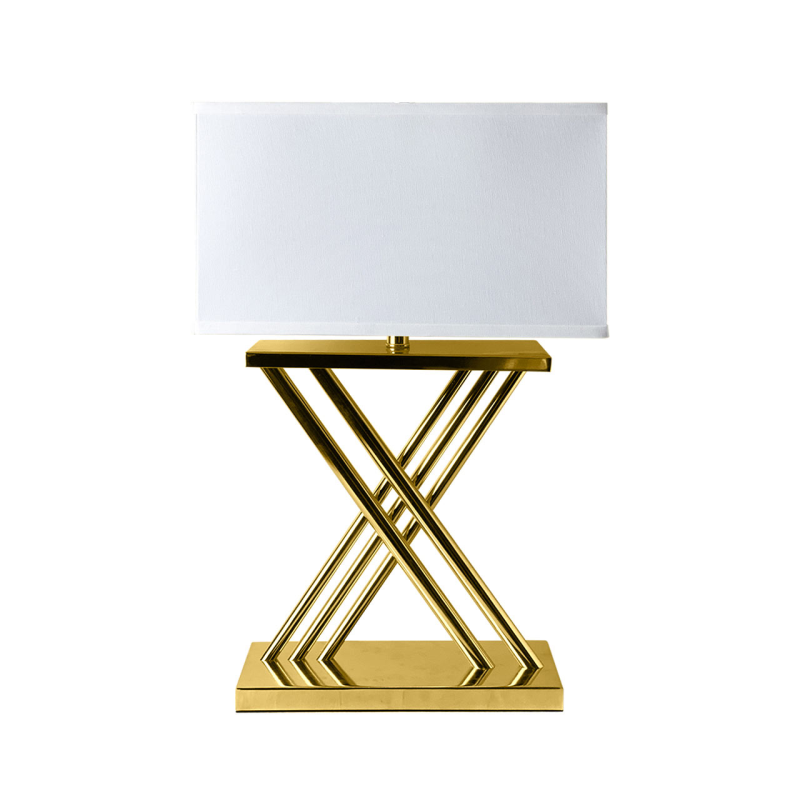 Gold Plated X-Design Table Lamp with White Linen Shade
