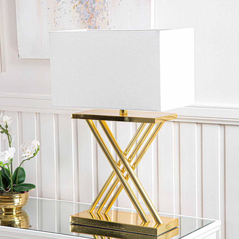 Gold Plated X-Design Table Lamp with White Linen Shade