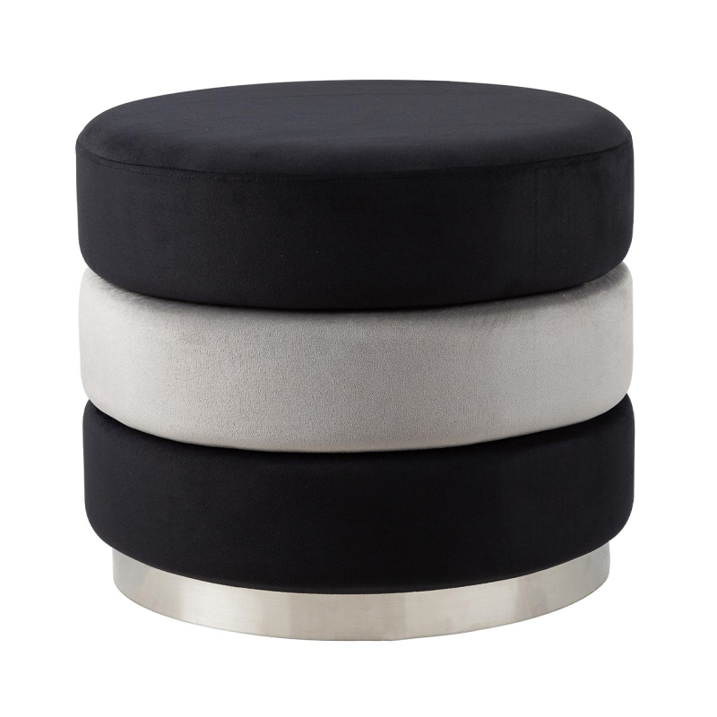 Black & Grey Round Ottoman Footstool With Chrome Base