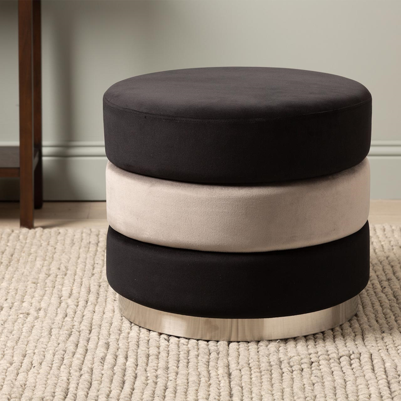 Black & Grey Round Ottoman Footstool With Chrome Base