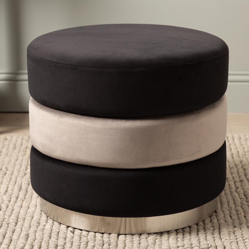 Black and Grey Round Ottoman Footstool With Chrome Base