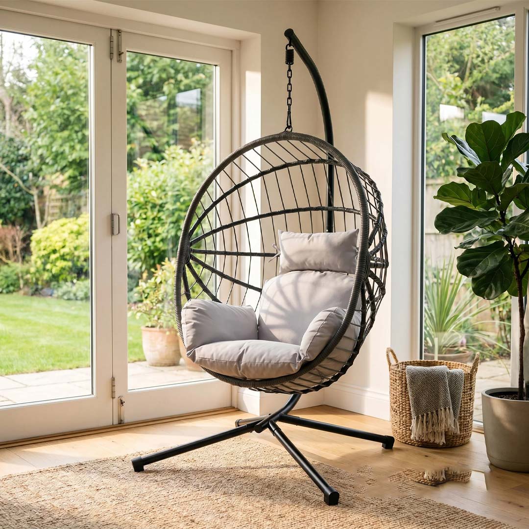 Luna Hanging Egg Chair with Stand & Luxury Cushions – Foldable Light Grey Garden Swing Chair