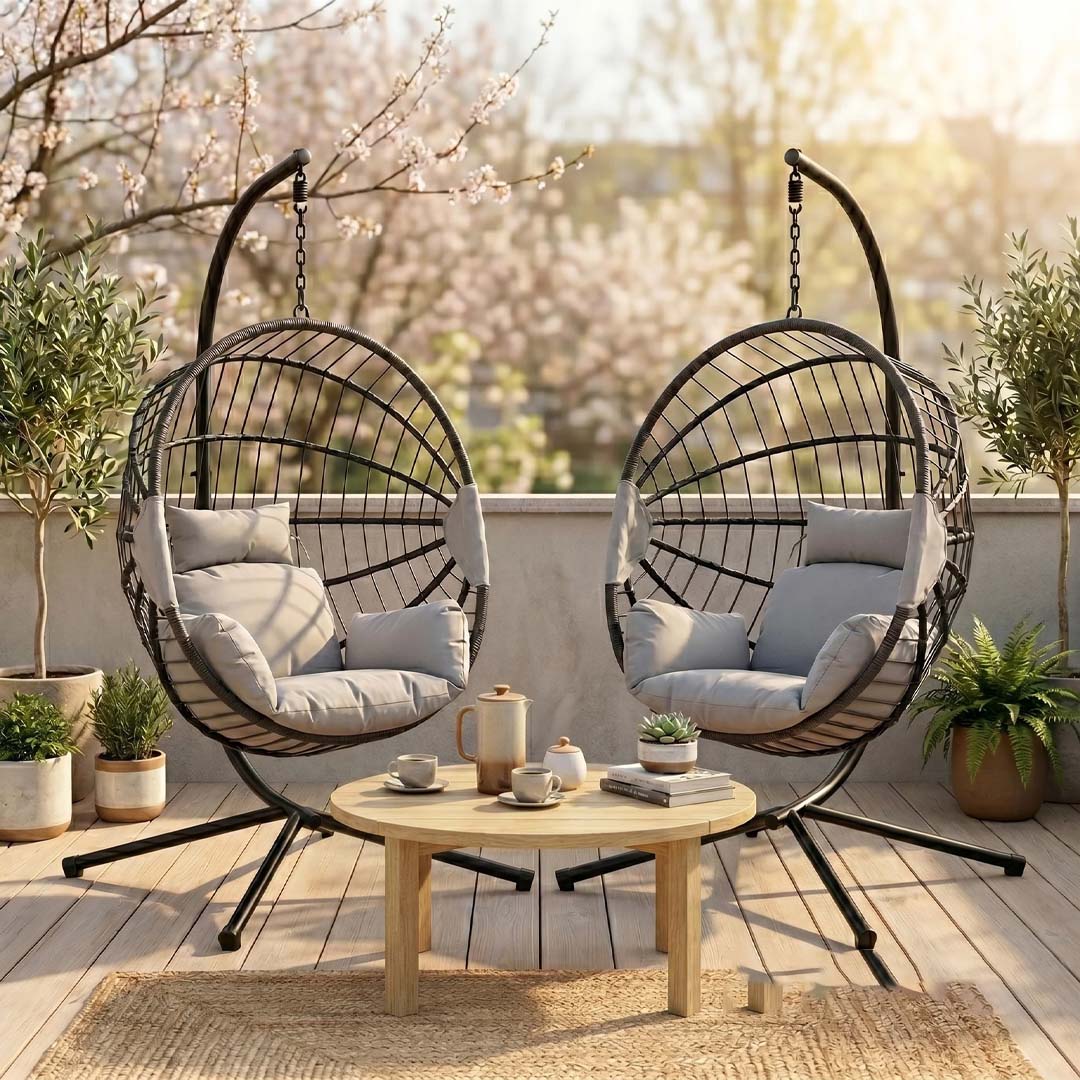 Luna Hanging Egg Chair with Stand & Luxury Cushions – Foldable Light Grey Garden Swing Chair