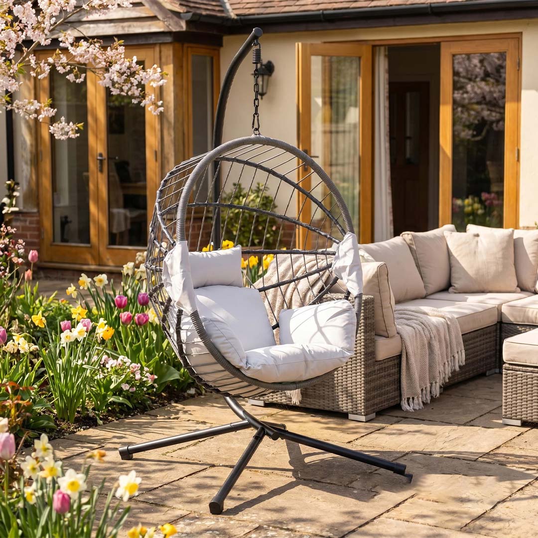 Luna Hanging Egg Chair with Stand & Luxury Cushions – Foldable Light Grey Garden Swing Chair