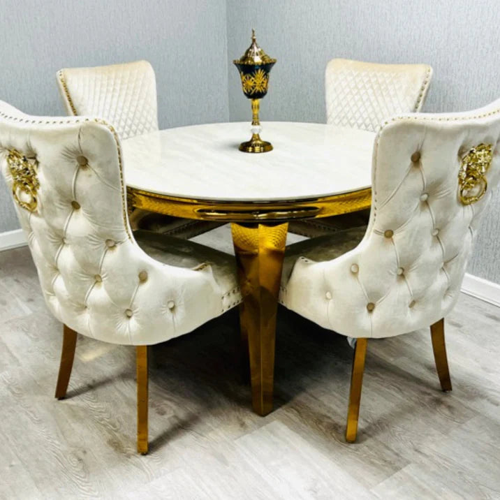 110cm Round Cream Marble Gold Louis Table and 4 Cream and Gold Chairs