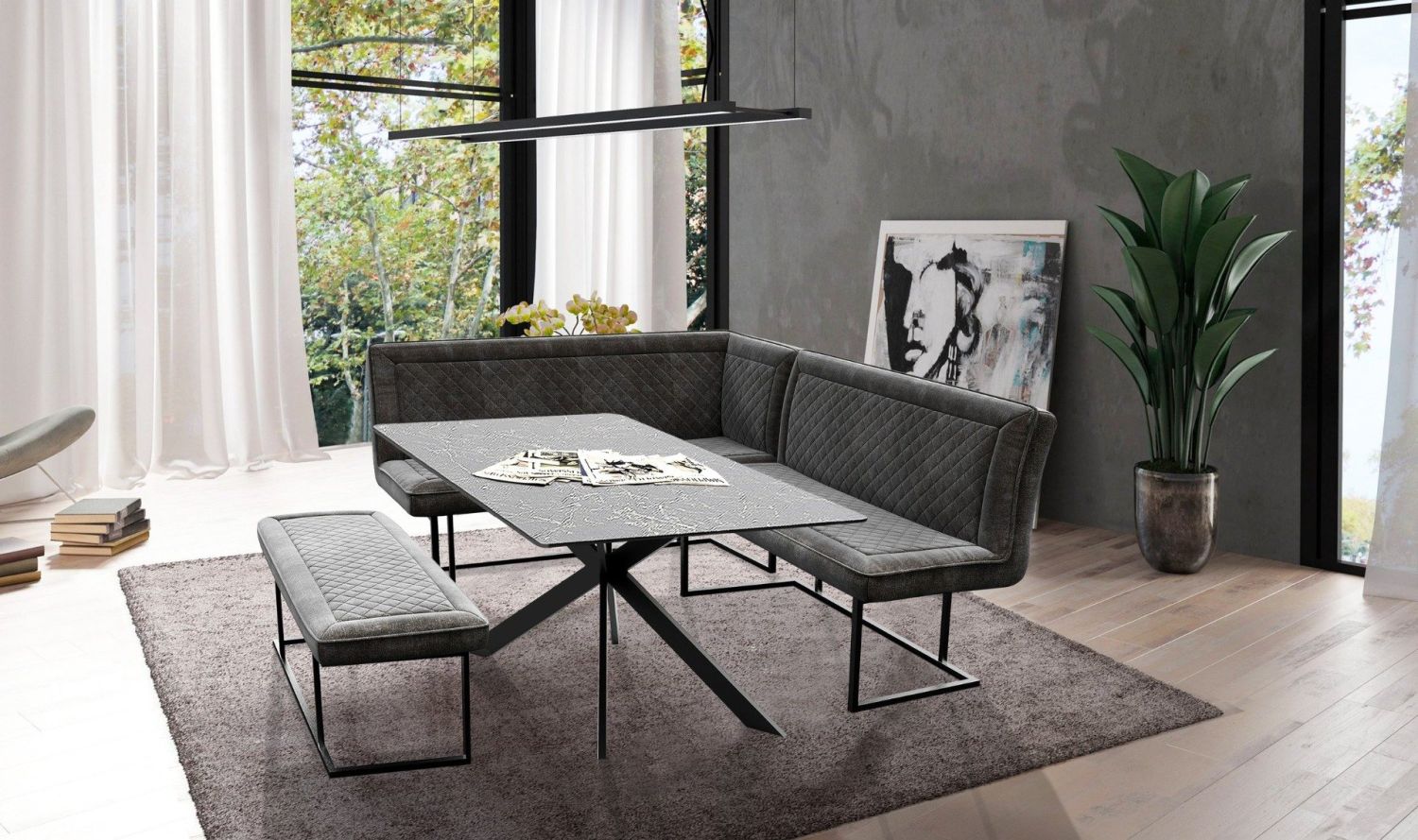 Apollo Black Glass Toughened Ceramic Dining Table And Corner Bench Set