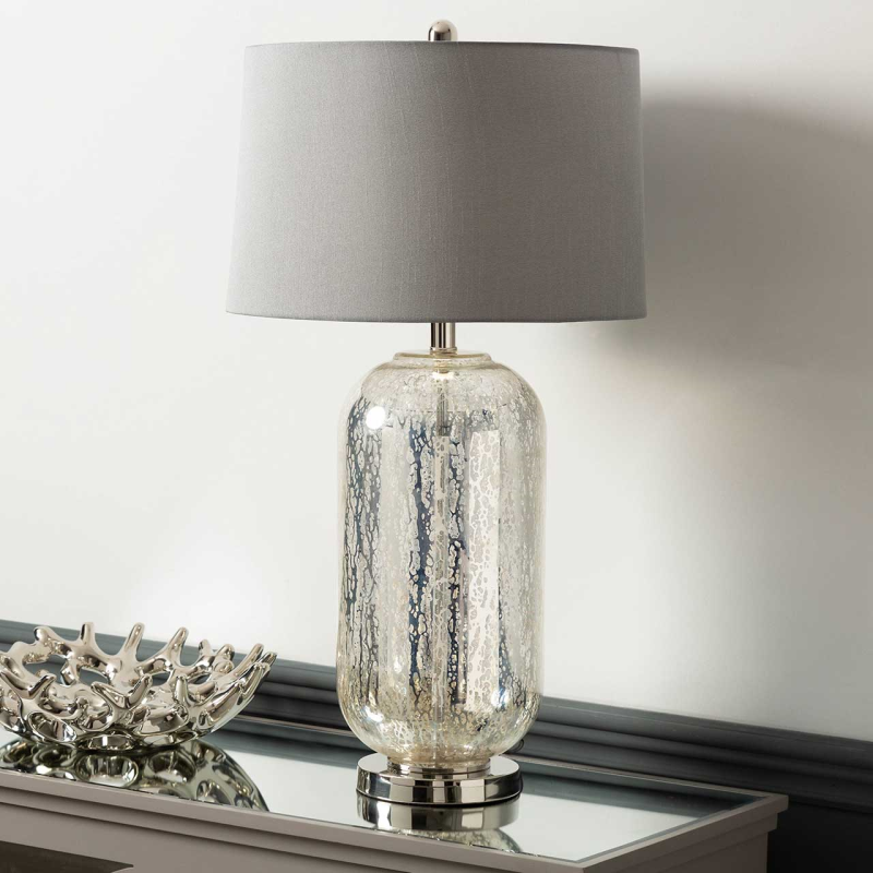 77.5cm Silver Mercury Glass Table Lamp with Grey Silk Shade