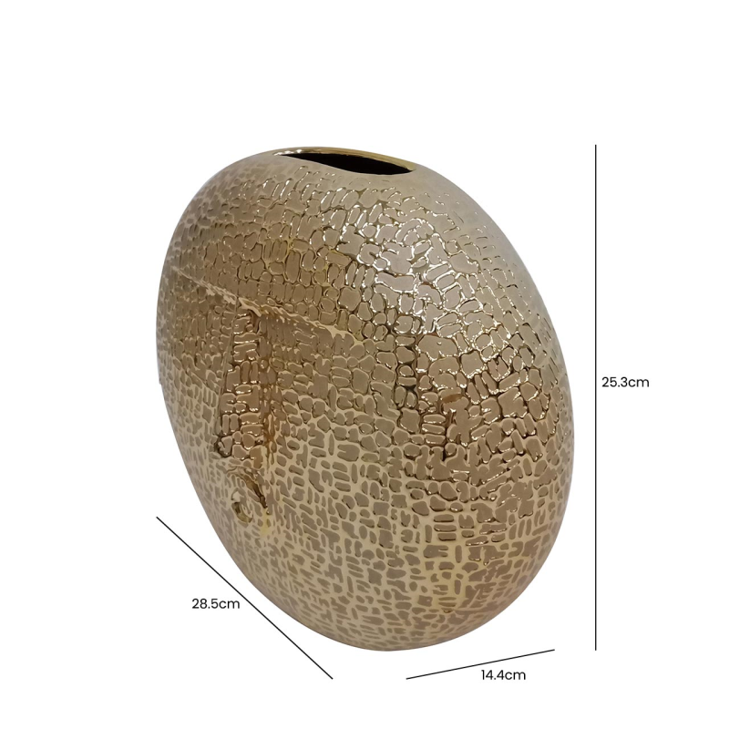 25.3cm Gold Textured Round Face Ceramic Vase