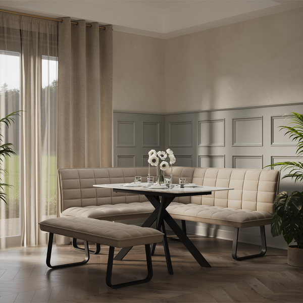 Luna 135cm Ceramic Dining Table with Corner & Standard Bench Set – Quilted Taupe Fabric & Black Iron Legs