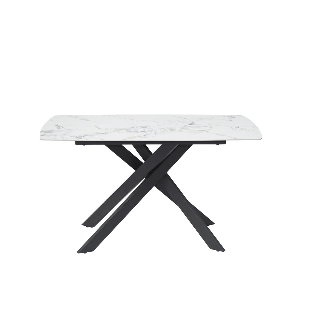 Luna 135cm Ceramic Dining Table with Corner & Standard Bench Set – Quilted Taupe Fabric & Black Iron Legs