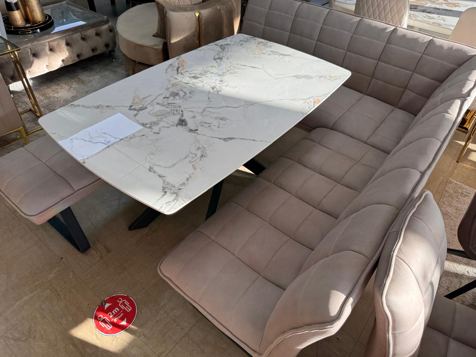 Luna 135cm Ceramic Dining Table with Corner & Standard Bench Set – Quilted Taupe Fabric & Black Iron Legs