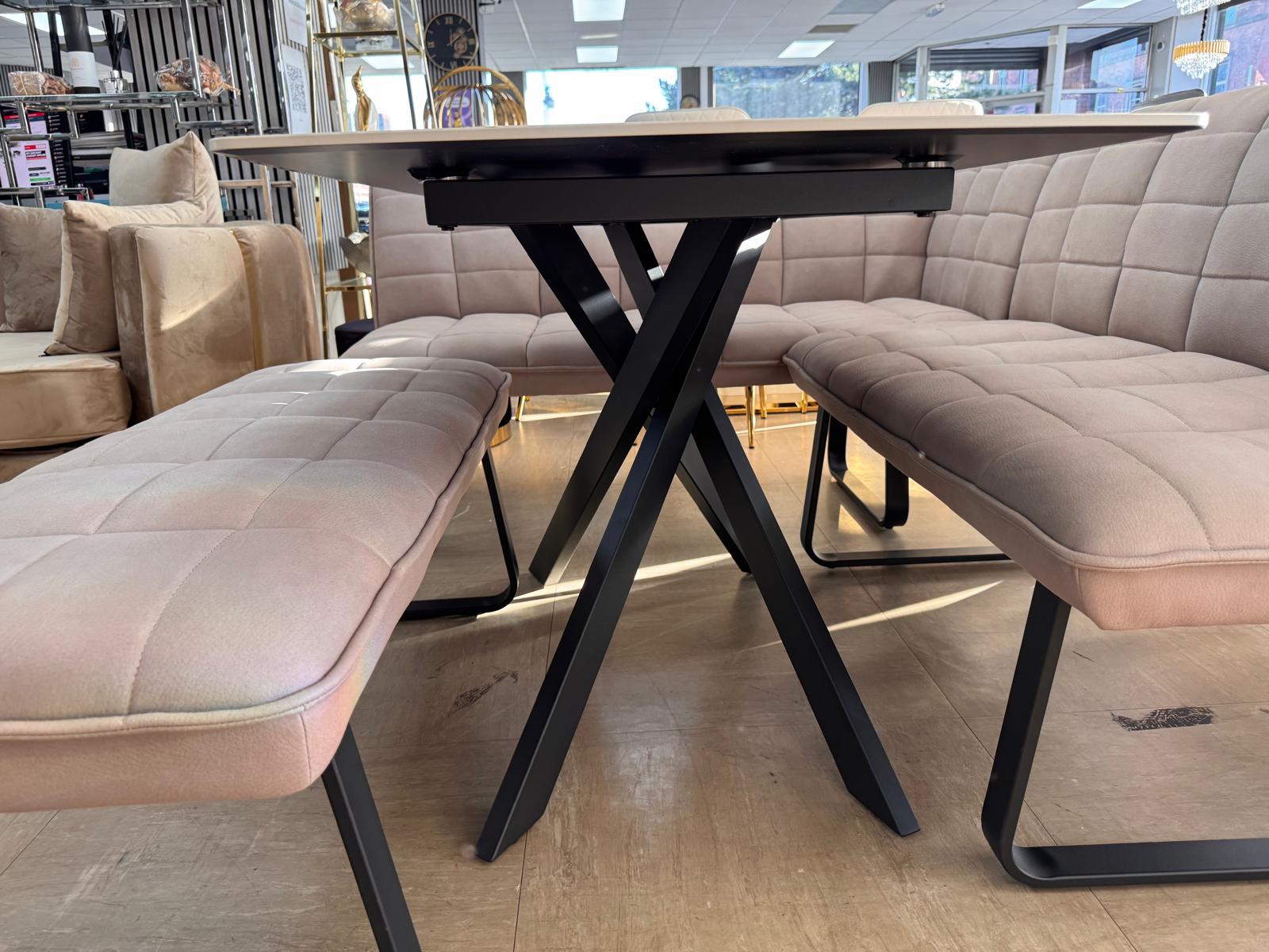 Luna 135cm Ceramic Dining Table with Corner & Standard Bench Set – Quilted Taupe Fabric & Black Iron Legs