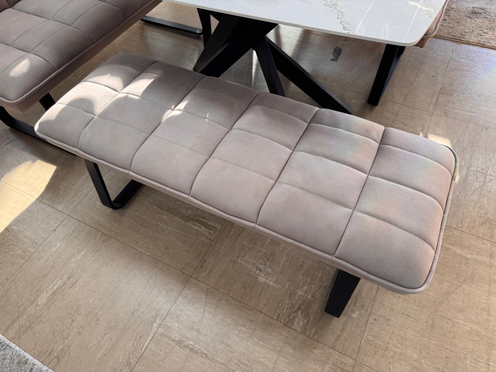 Luna 135cm Ceramic Dining Table with Corner & Standard Bench Set – Quilted Taupe Fabric & Black Iron Legs