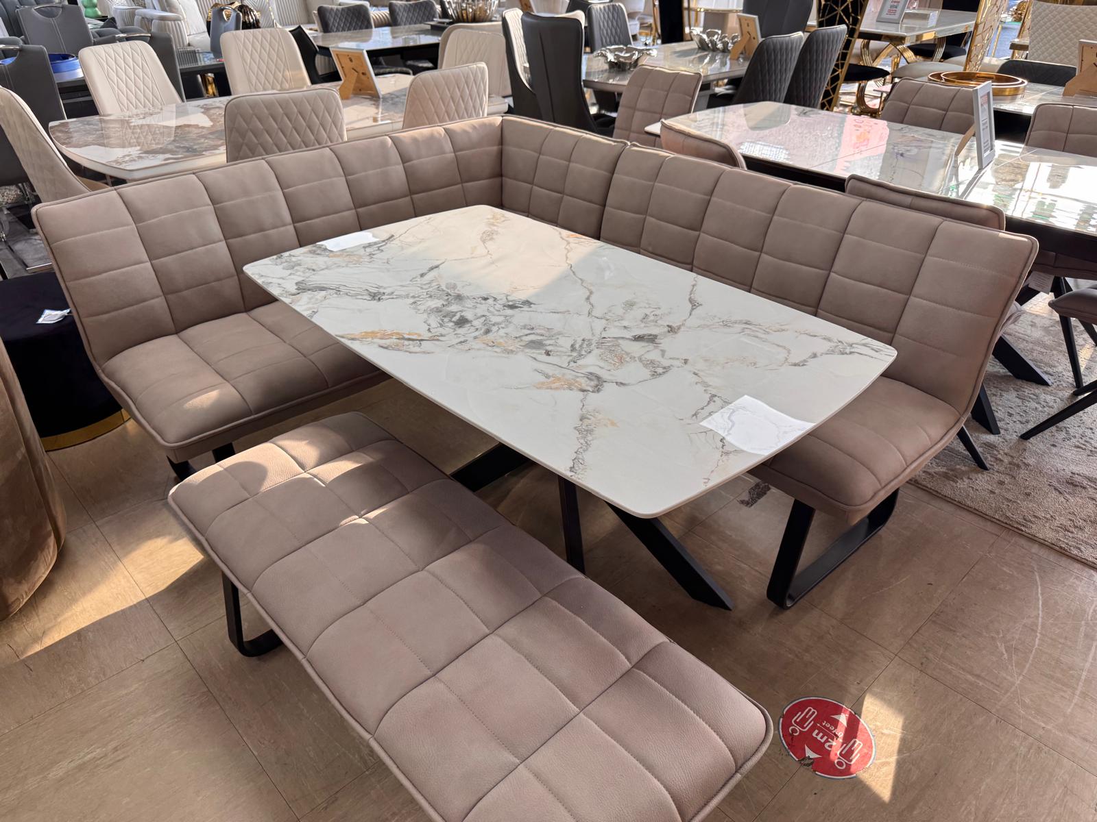 Luna 135cm Ceramic Dining Table with Corner & Standard Bench Set – Quilted Taupe Fabric & Black Iron Legs