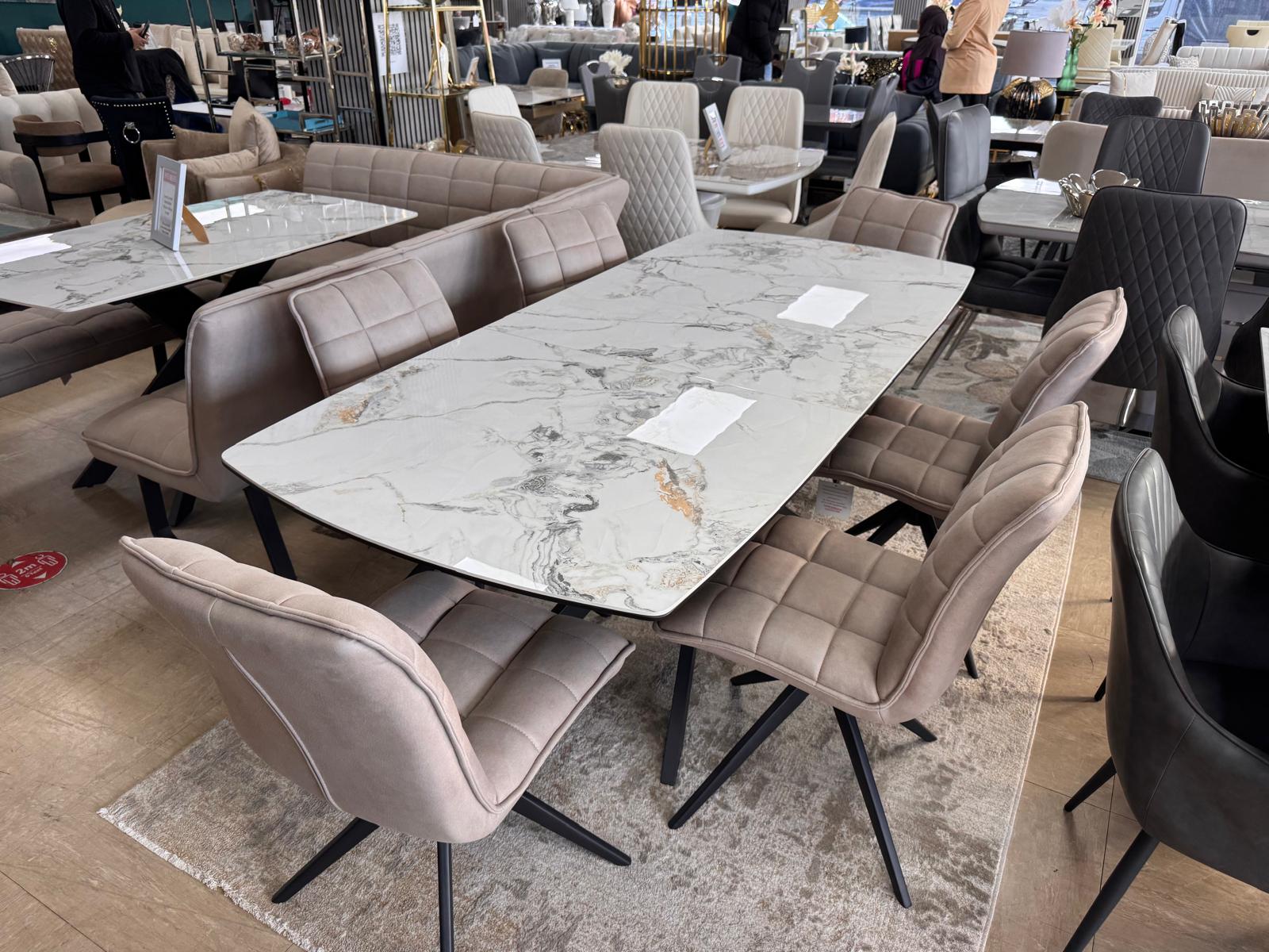 Luna 160–200cm Extendable Ceramic Dining Table Set with Luna Taupe Fabric Chairs – White Marble & Black Iron Legs