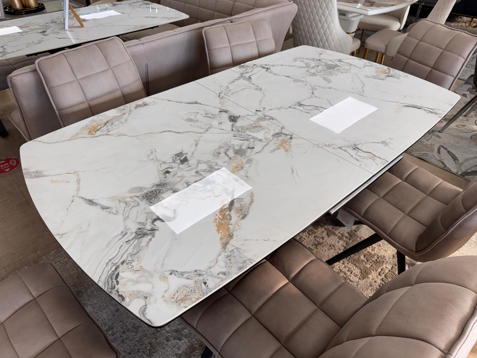 Luna 160–200cm Extendable Ceramic Dining Table Set with Luna Taupe Fabric Chairs – White Marble & Black Iron Legs