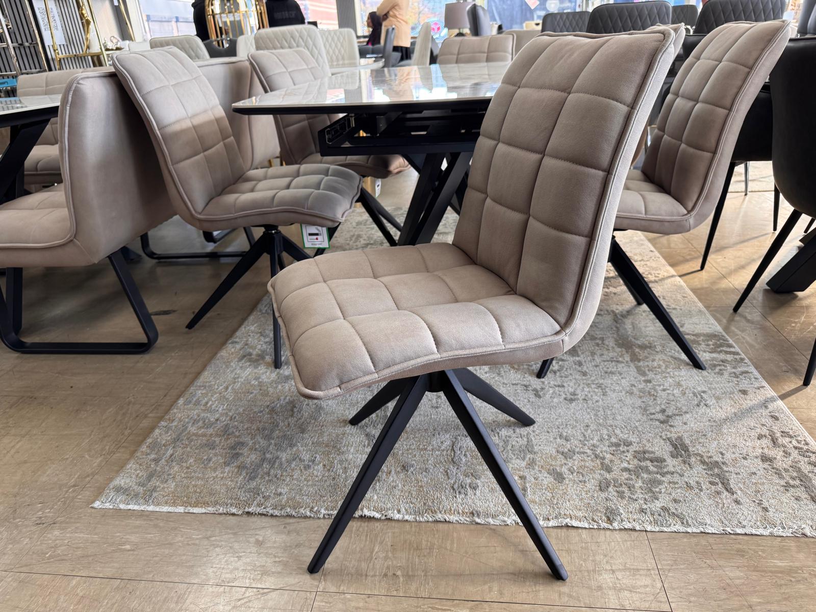 Luna 160–200cm Extendable Ceramic Dining Table Set with Luna Taupe Fabric Chairs – White Marble & Black Iron Legs