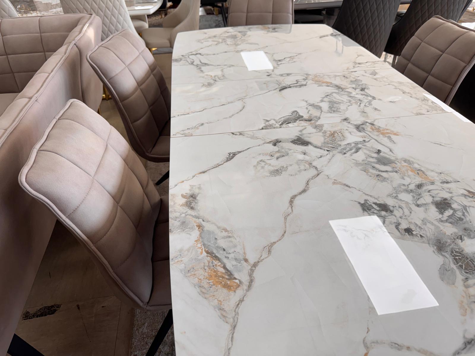 Luna 160–200cm Extendable Ceramic Dining Table Set with Luna Taupe Fabric Chairs – White Marble & Black Iron Legs