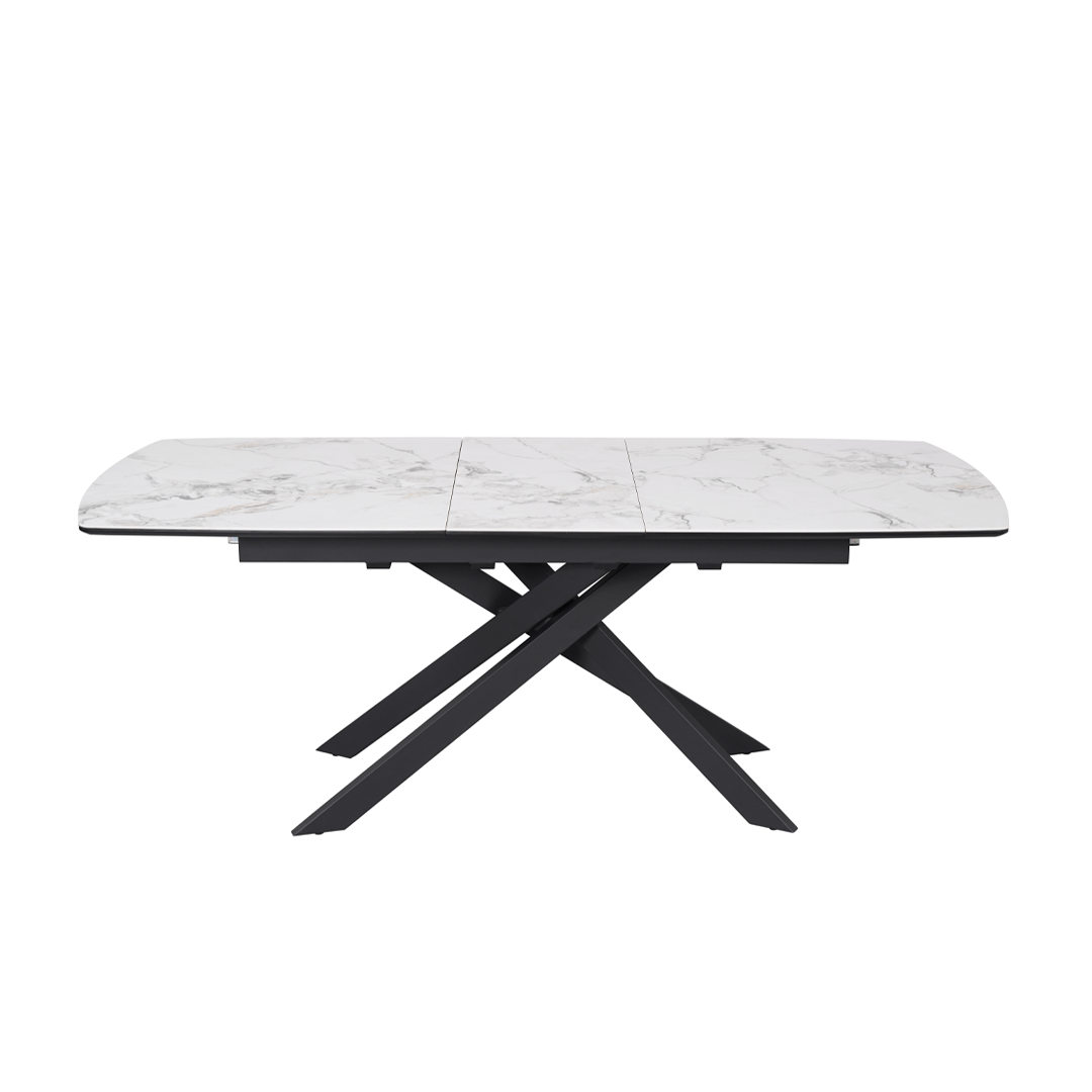 Luna 160–200cm Extendable Ceramic Dining Table Set with Luna Taupe Fabric Chairs – White Marble & Black Iron Legs