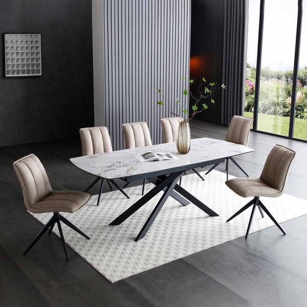 Luna 160–200cm Extendable Ceramic Dining Table Set with Luna Taupe Fabric Chairs – White Marble & Black Iron Legs