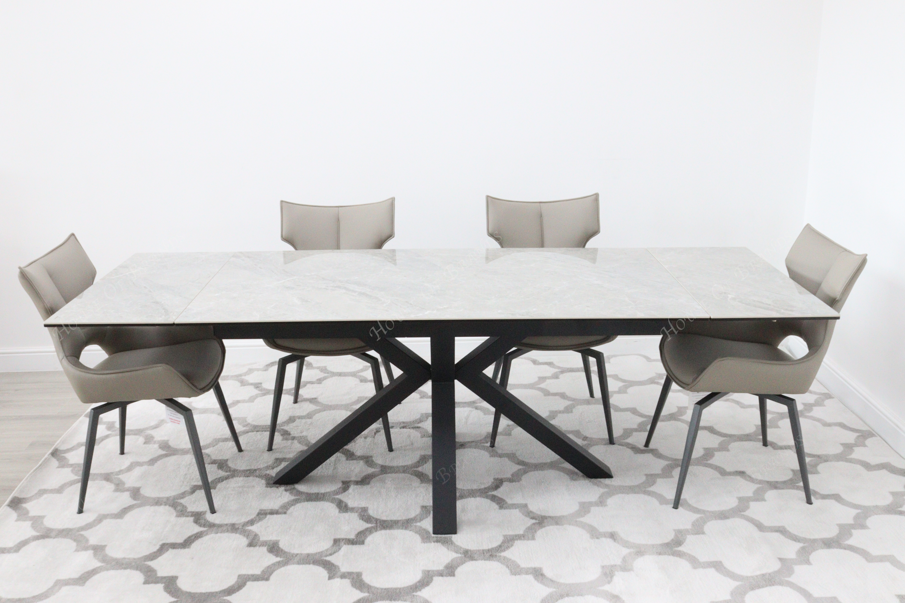 Phoenix Extendable Ceramic Dining Table with 4 Taupe Rafaello Swivel Dining Chairs