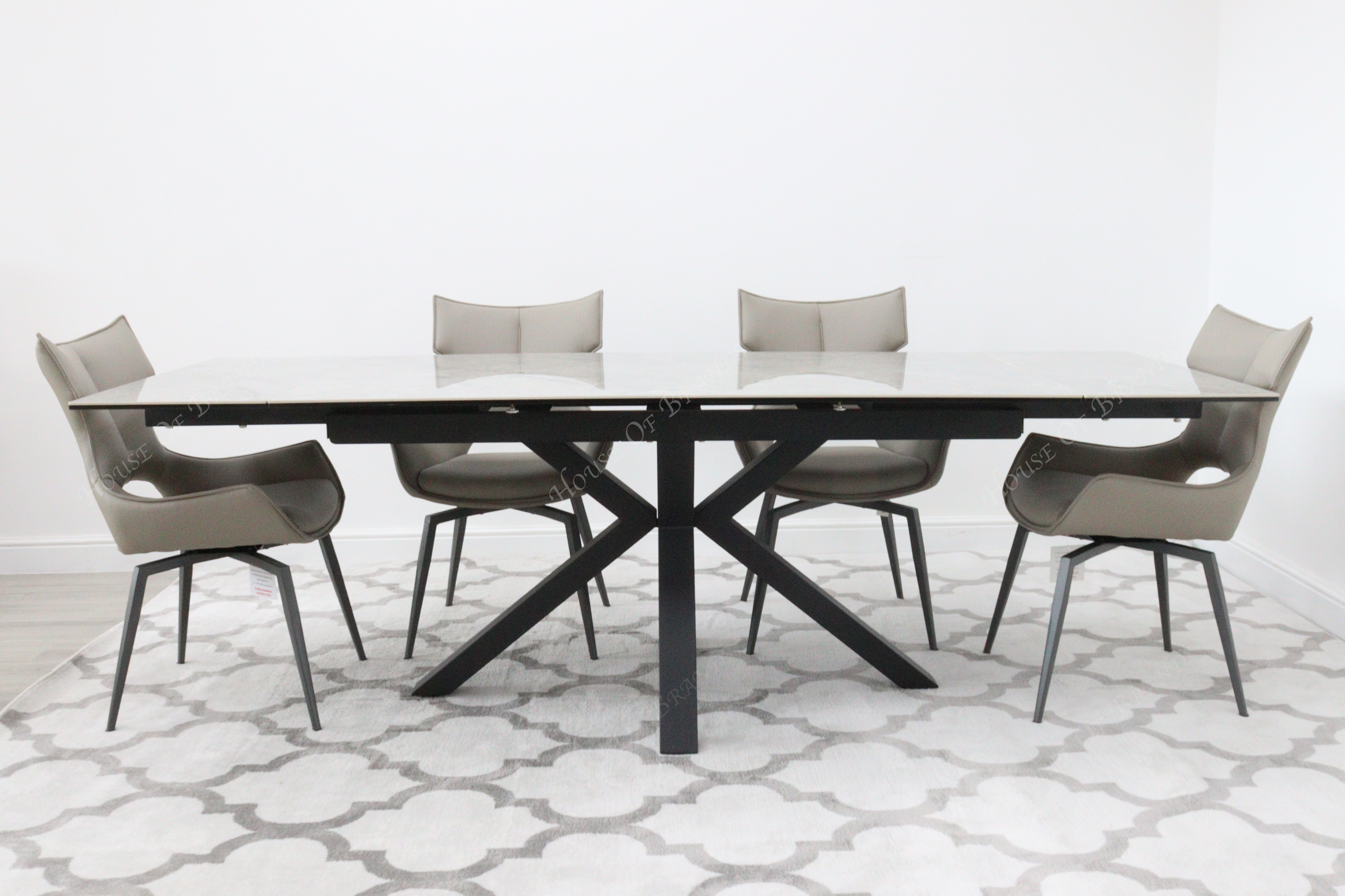 Phoenix Extendable Ceramic Dining Table with 4 Taupe Rafaello Swivel Dining Chairs