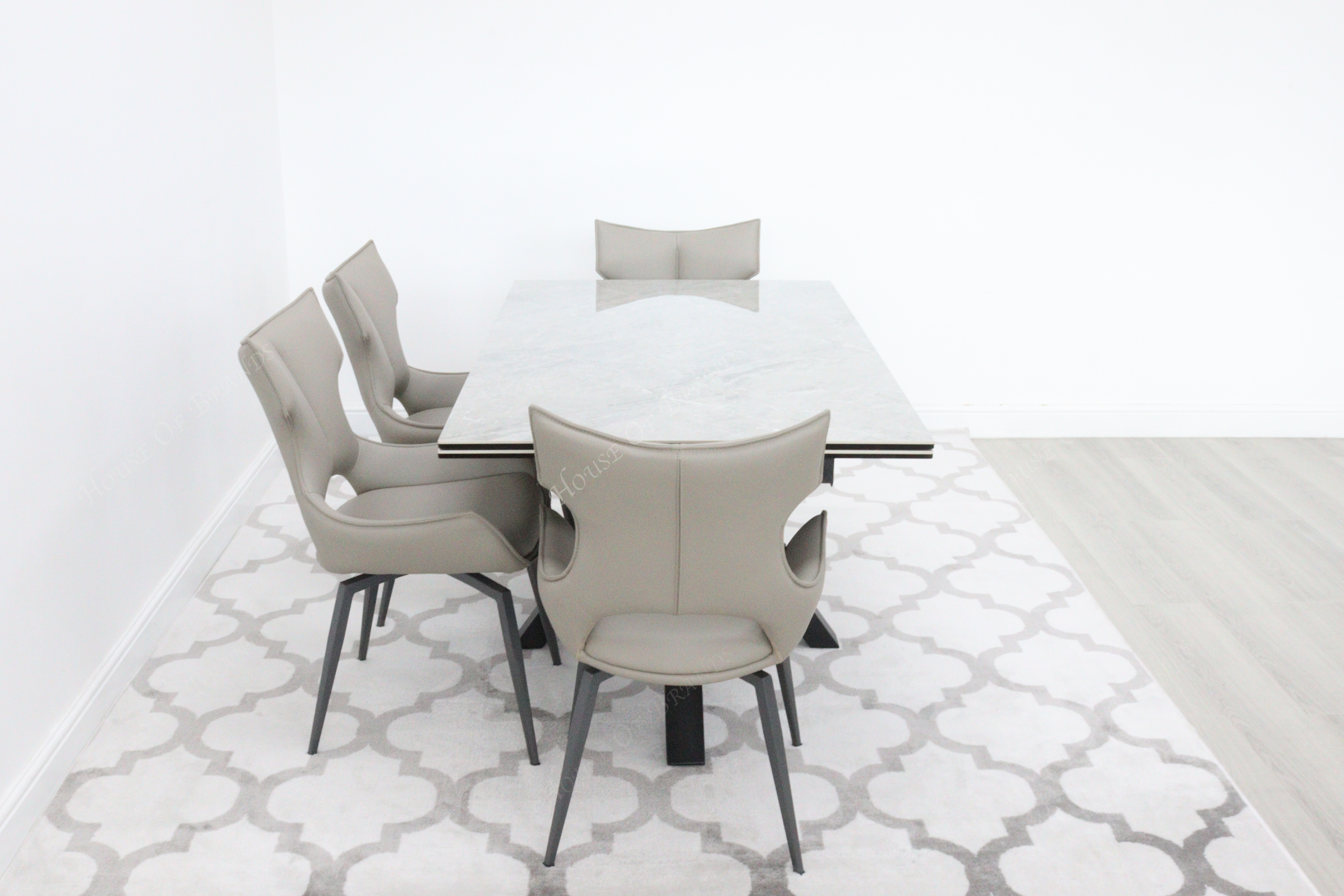 Phoenix Extendable Ceramic Dining Table with 4 Taupe Rafaello Swivel Dining Chairs